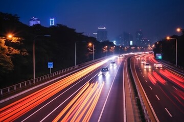 Fototapeta na wymiar Nighttime Traffic on the Highway Illuminated Commute, Generative Ai