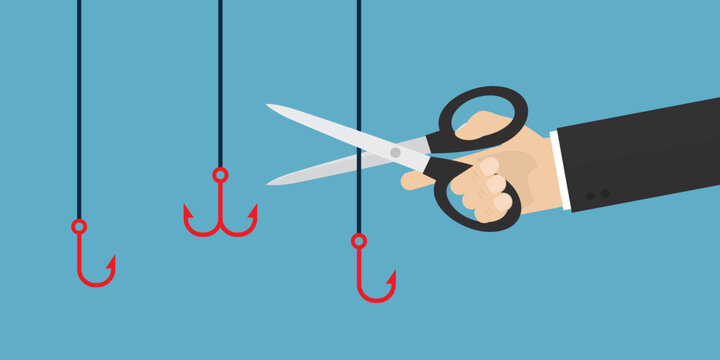 Businessman hand uses scissors and cuts off various fishing hooks. Fight against scam, internet phishing. Smart user does not become victim of scammers and thieves. Bait, deceit
