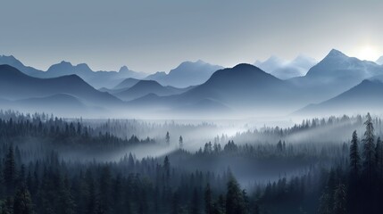 Naklejka na ściany i meble morning fog and mountains generative ai
