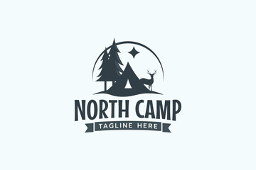 the north camp logo with a combination of a tent, pines, deer, and the north star for any business.