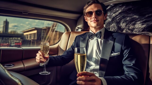Business man enjoying in limousine with glass of champagne
