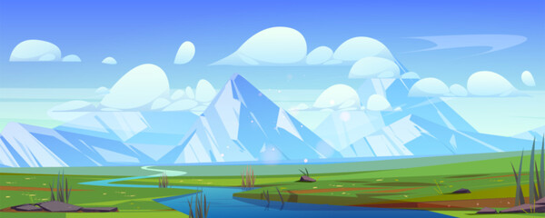Fototapeta na wymiar Summer mountain valley landscape with river. Vector cartoon illustration of green grass, white clouds in blue sunny sky, peaks with snow, water stream flowing from rocky range