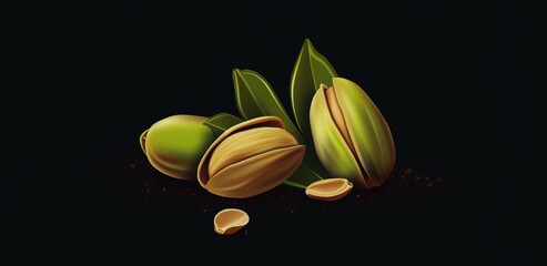 Obraz premium Organic Pistachio Nuts On Dark Background, Horizontal Trendy Illustration. Nutritious Vegetarian Protein Snack. Ai Generated Bright Trendy Illustration with Delicious Tasty Pistachio Nuts.