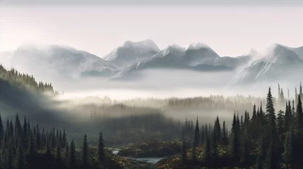 Afwasbaar Fotobehang Mistig bos morning fog and mountains generative ai