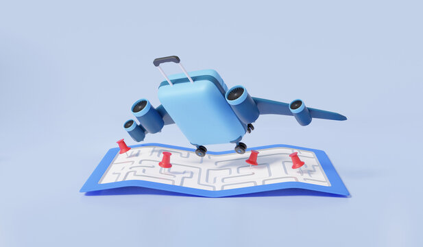 Tourism luggage flight airplane trip planning adventure worldwide tour with mark map pin location travel leisure touring holiday summer concept. logistics transport, cartoon minimal. 3d render element