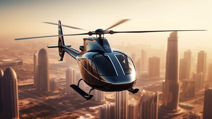 luxury private helicopter flying against a metropolitan city or beautiful natural landscape. Show the jetset lifestyle and the comfort of the private transportation - obrazy, fototapety, plakaty