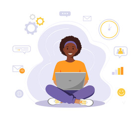Woman is sitting with laptop. Concept illustration for working, freelancing, studying, education, work at home. Vector illustration in flat cartoon style