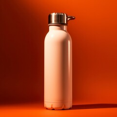 a white stainless steel water bottle on a soft brown background generative ai