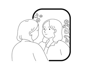 Isolated of a woman doing positive self talk in front of mirror with flowers, black outline cartoon style.