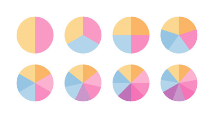 Multicolor circle graph. Set round schemes with sectors. Piechart with segments and slices. Circular structure chart. Ring section template. Pie diagram. Vector illustration