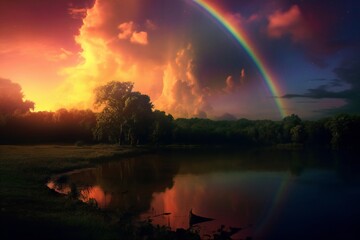 Fototapeta na wymiar Dramatic rainbow twilight, dramatic cinematic lighting Generative AI 
