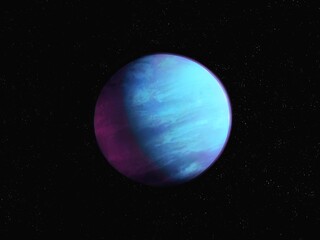 Alien planet in space. Beautiful Super Earth on a black background. Earth-like exoplanet with a solid surface and atmosphere.