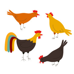 Vector illustration of chickens and cock insulated on a white background in a flat style. A set of farm birds clip art