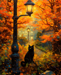 Black Cat On The Street with Night light in Autumn, Generated AI