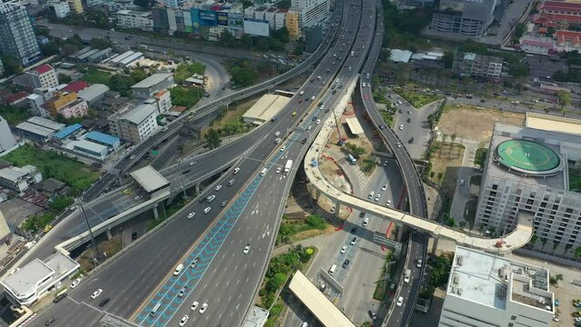 day time industrial area bangkok city traffic street road junction aerial topdown panorama 4k thailand