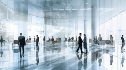 Blurred business people in white glass office background. AI generated Illustration