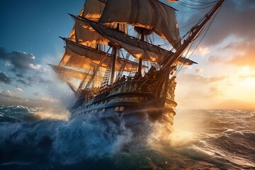 Obraz premium Big Pirate Ship sailing in the sea at sunset
