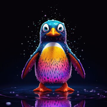 An Animated Penguin In Colorful Water In Front Of A Black Background