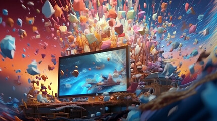 explosion behind the monitor with flying colored elements, abstract futuristic illustration, brainstorming concept. Generative AI.