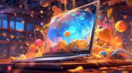colorful elements swirling around the screen of a laptop standing on a table, abstract futuristic illustration, brainstorming concept. Generative AI.