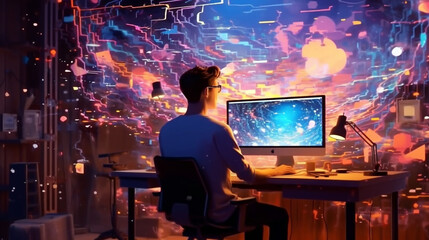 young man at the monitor with a futuristic background. brainstorming concept. Generative Ai. 