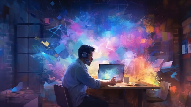 young man works on a computer on a futuristic background. brainstorming concept. Generative Ai. 