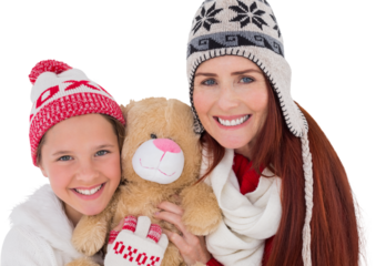 Digital png photo of happy caucasian mother and son in winter clothes on transparent background