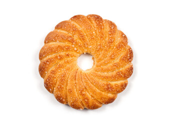 Round biscuits with a hole in the center on a white background. The biscuits are isolated on a white background.