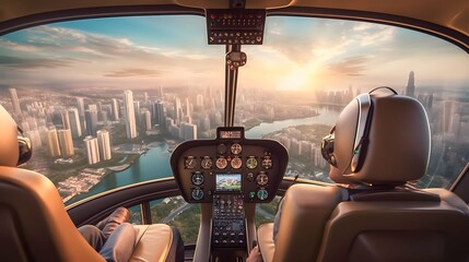 Fototapeta premium men ride in private helicopter against the backdrop of a metropolitan city