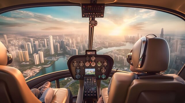 men ride in private helicopter against the backdrop of a metropolitan city
