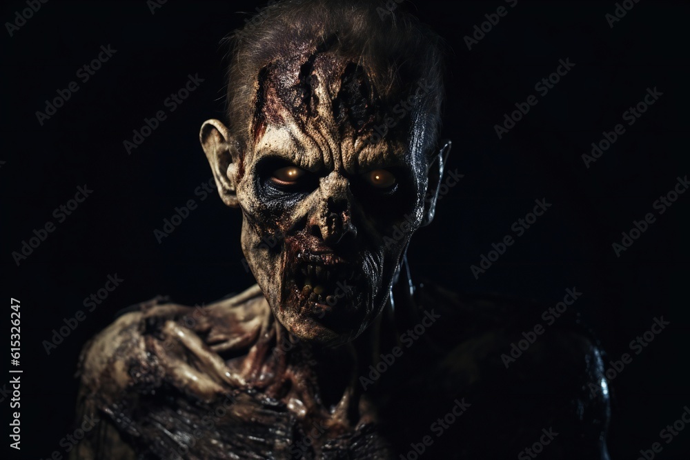 Poster Scary zombie portrait on black background Generative AI 