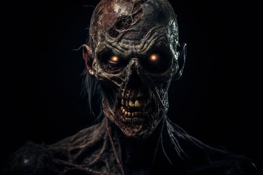 Scary zombie portrait on black background Generative AI 