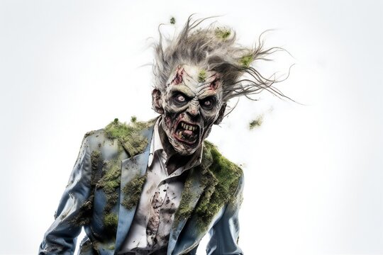Scary zombie portrait on white background Generative AI 