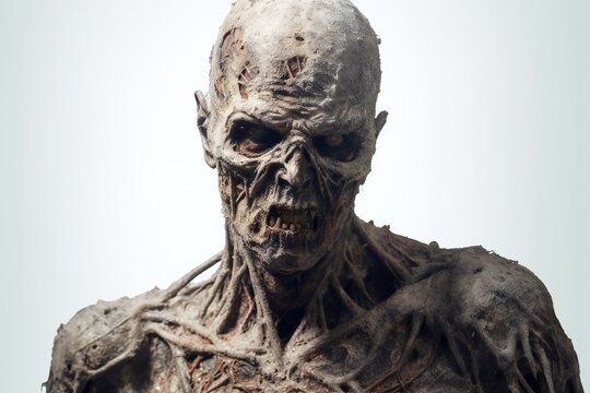 Scary zombie portrait on white background Generative AI 