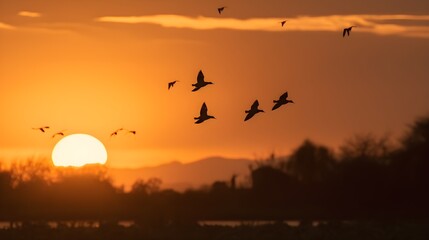 Birds etch a graceful pattern across the sunset. Created with Generative AI technology