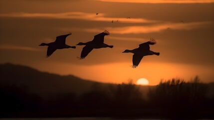 Fototapeta na wymiar Birds etch a graceful pattern across the sunset. Created with Generative AI technology