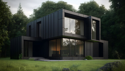 Modern dark Minimalist design house for living with big panorama windows in forest. Generation AI