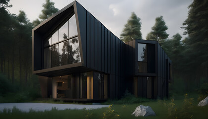 Modern dark Minimalist design house for living with big panorama windows in forest. Generation AI