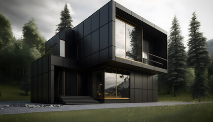 Fototapeta premium Modern dark Minimalist design house for living with big panorama windows in forest. Generation AI