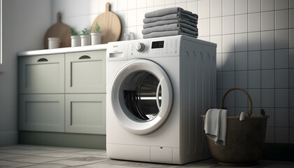 Fototapeta na wymiar Modern washing machine in interior of home laundry room. Generation AI