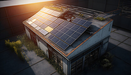 Modern solar panels on the roof of industry manufacturing, sunset light. Concept eco green renewable energy for factory. Generation AI