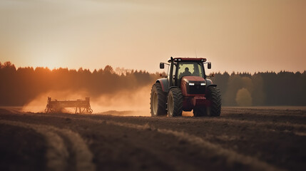 Fototapeta premium Harvesting with agricultural machinery tractor sunlight. Agriculture industry concept. Generation AI