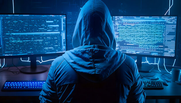 Back view hacker in hoodie working in dark neet, crypto theme neon color. Generation AI