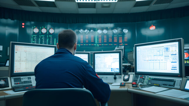 Electrical station, Central control panel of nuclear power plant reactor. Engineer at work back view, blue color. Generation AI.