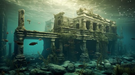 Sunken Memories: An underwater scene with remnants of a submerged city, symbolizing the loss of cultural heritage due to rising sea levels | generative ai