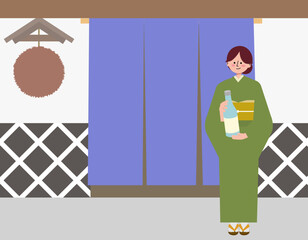 酒蔵の前で日本酒の一升瓶を持って立つ女将のイラスト