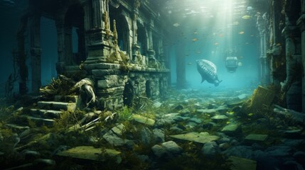 Sunken Memories: An underwater scene with remnants of a submerged city, symbolizing the loss of cultural heritage due to rising sea levels | generative ai