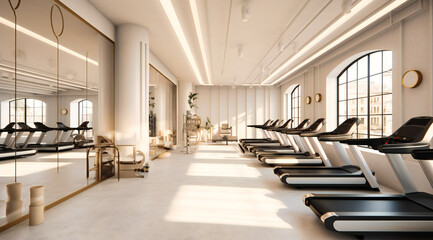 a gym room with tread machines and mirrors