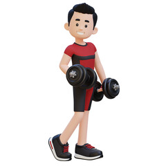 Fototapeta na wymiar 3D Sporty Male Character Showcasing Cool Standing Pose and Holding Dumbbell with Confidence