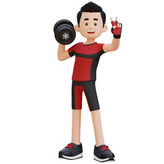 Fototapeta na wymiar 3D Sportsman Character Giving a Peace Sign While Holding Dumbbell